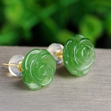 Hand Carved Green Jade Rose Flower Floral Dainty Retro Earrings