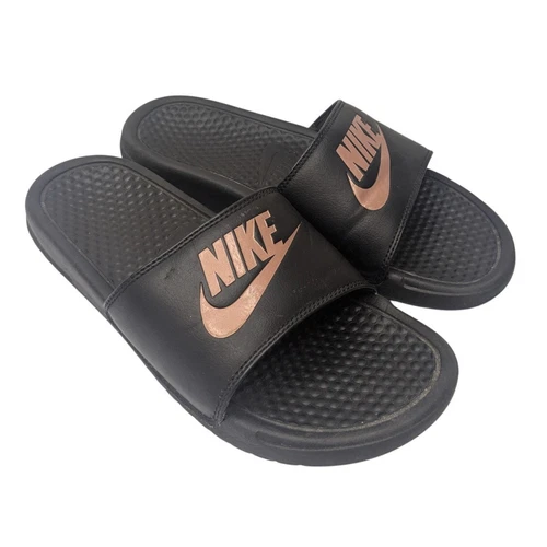 NIKE Benassi sandali slide donna taglia 9 just do it oro rosa nero slip on