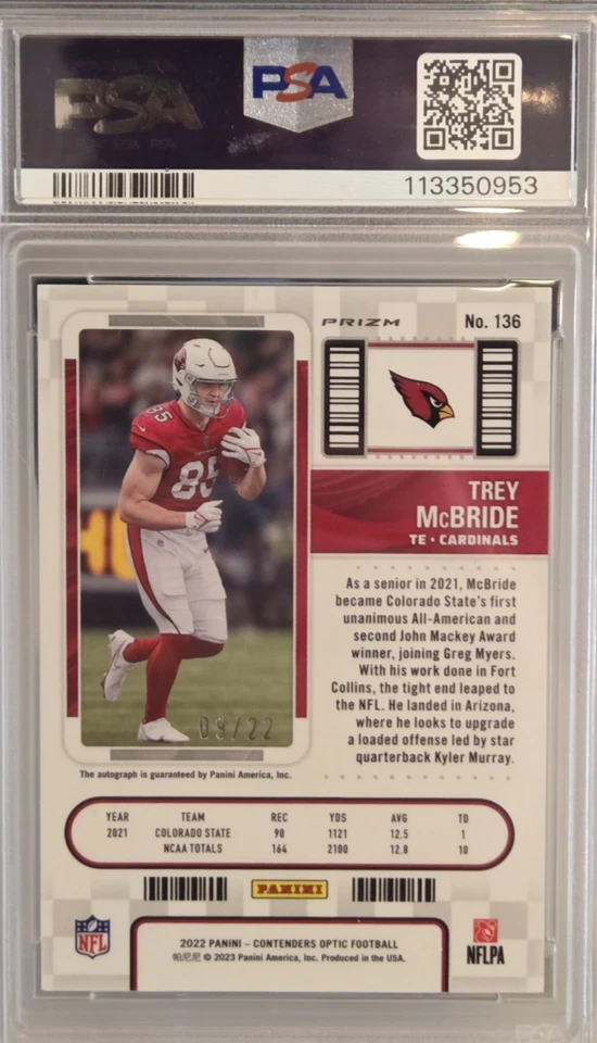 TREY MCBRIDE 2022 Panini Contenders *CRACKED ICE* Rookie RC /22; PSA 8, pop=2 - Image 3 of 3