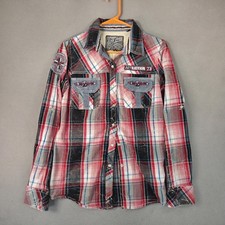 Affliction Black Premium Shirt Mens Medium Red Plaid Western Snap Embroidered