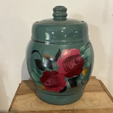 Vintage Hand Painted Ceramic Cookie Jar Rose Floral Teal Kitchen Croc