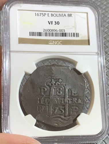 1675 P E BOLIVIA 8 REALES SILVER COB COIN NGC VF30, FULL DATED