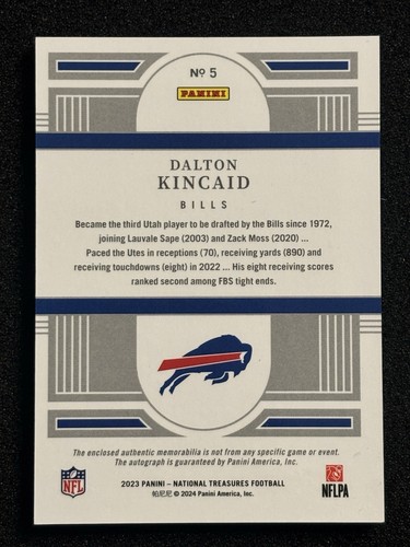 2023 National Treasures Dalton Kincaid Rookie Patch Auto #2/5! Bills Logo Patch! - Picture 2 of 2