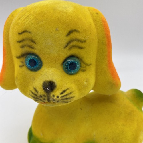 Vintage Flocked Neon Yellow Green And Orange Puppy Coin Piggy Bank w/ Stopper - Picture 2 of 10