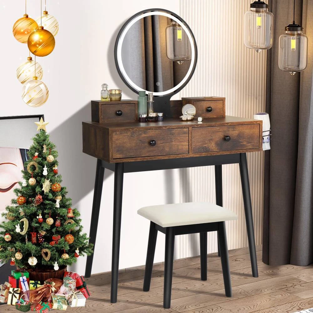 Vintage Vanity Set Makeup Table with Round LED Lights Mirror 4