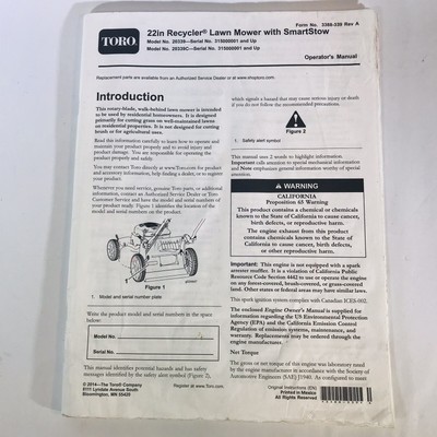 TORO 22 In Recycler Lawn Mower SmartStow Operator's Manual Model #20339