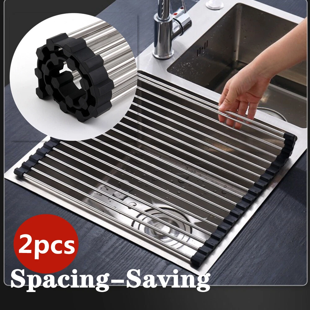 2x Kitchen Stainless Steel Sink Drain Rack Roll Up Dish Drying