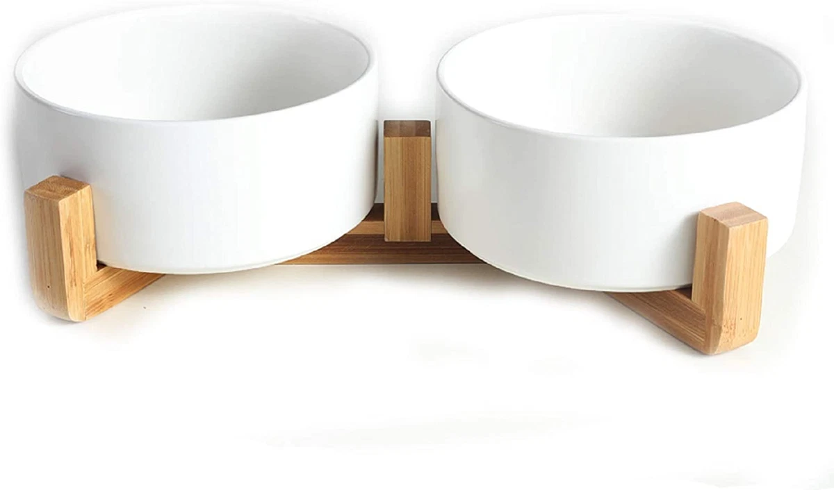 Ceramic Dog Bowls with Wooden Stand