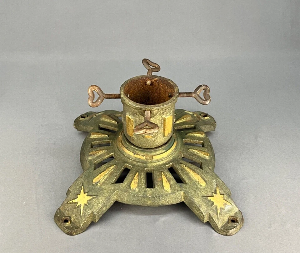 Antiguo soporte para árbol de Navidad alemán Art Deco de hierro fundido con detalles dorados Foto 2 de 4
