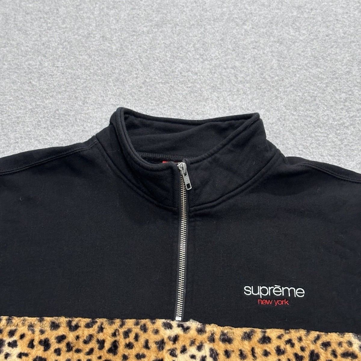 Supreme Mens Black Leopard Panel Cotton 1/2 Zip Pullover Supreme Mens Black Leopard Panel Cotton 1/2 Zip Pullover