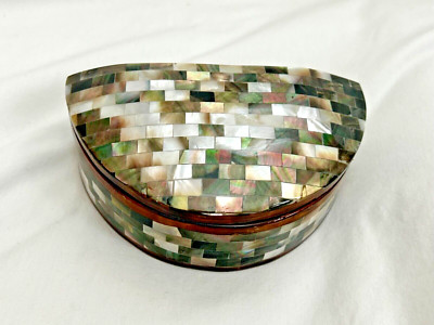 Egyptian Inlaid Shell Quality Small Jewelry Beech Wood Box Half Circle 5.5'' #613