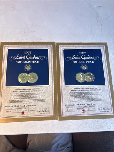 (2) 1907 SOLID 10K GOLD SAINT GAUDENS DOUBLE EAGLE $20 WESTPORT MINT MINI W CoA!