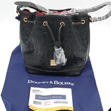 Dooney & Bourke Black Retro Embossed Leather Drawstring Bucket Bag NWT Dust Bag