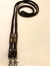 Western Basketweave Dk Oil Leather Reins w/Buckle Middle & Rawhide Braiding- 9'