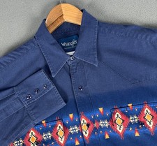 Wrangler Pearl Snap Shirt Mens Large Blue Aztec Ikat Navajo Western Cowboy