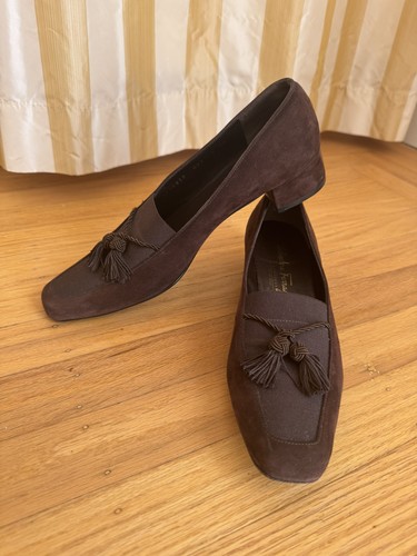 Salvatore Ferragamo Suede Tassel Loafer Heels Dark Brown Women Size 7.5-8