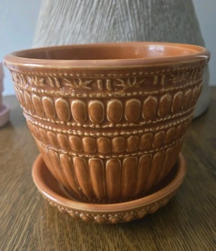 McCoy Beaded Flower Pot Burnt Orange Vintage Attached Saucer