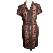 David Warren shirt dress 100% silk animal print short sleeve lined tie belt Sz 8