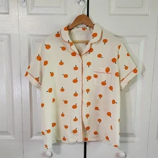 Womens Cream Textured Button Up Short Sleeve Shirt Size XL Oranges Lightweight