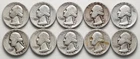 Lot of (10) 90% Silver Washington Quarters (1943)