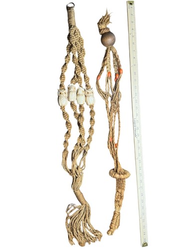 Vtg MCM Macrame Plant Hanger Lot Of 2 Porcelain Owl & Wood Bulb Planter 2 33” - Picture 2 of 17