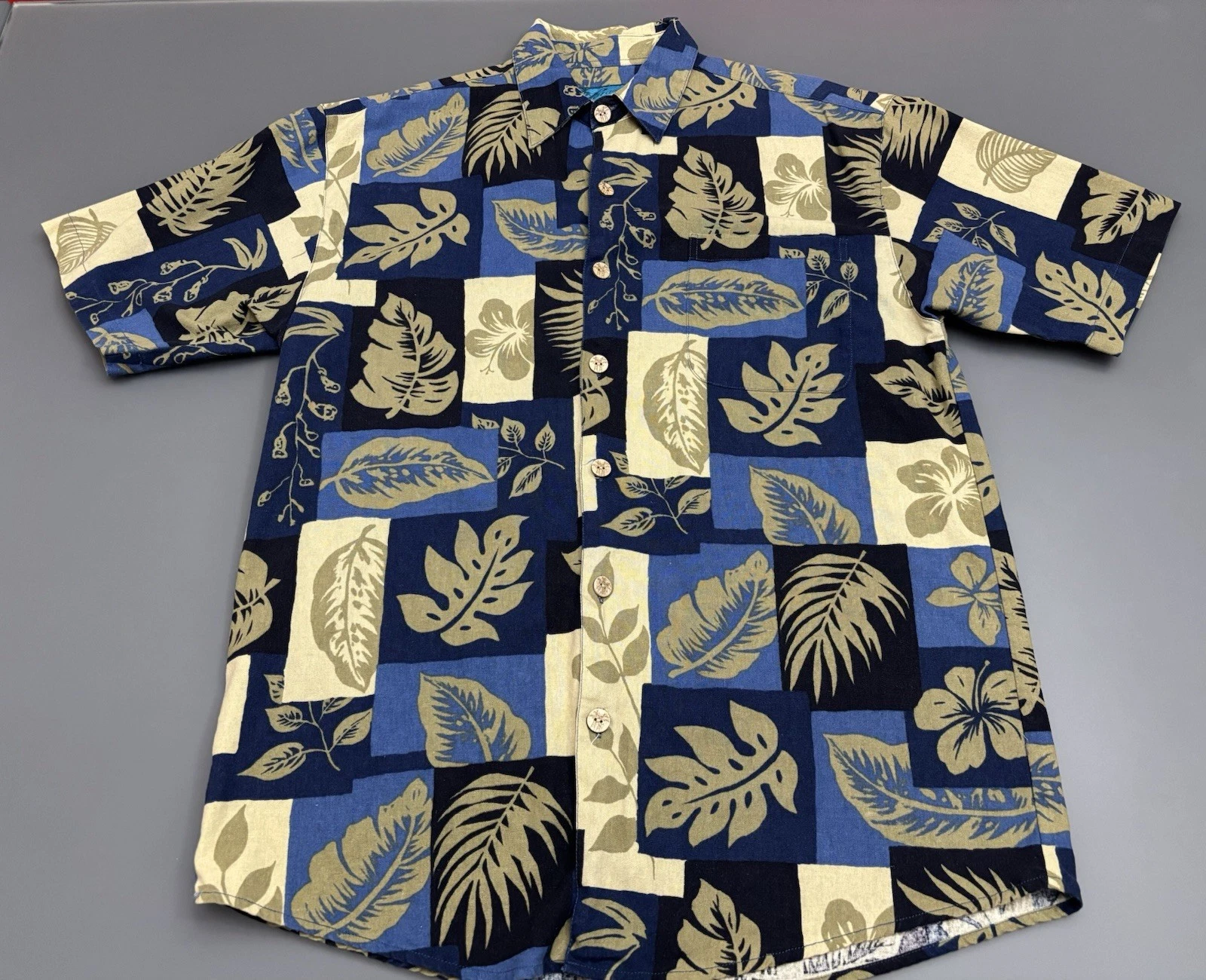 Paradise Blue Hawaiian Tropical Shirt Men's Medium Silk Blend Palm Leaves