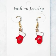 Gold Christmas Mitten Earrings 5/8" Red White