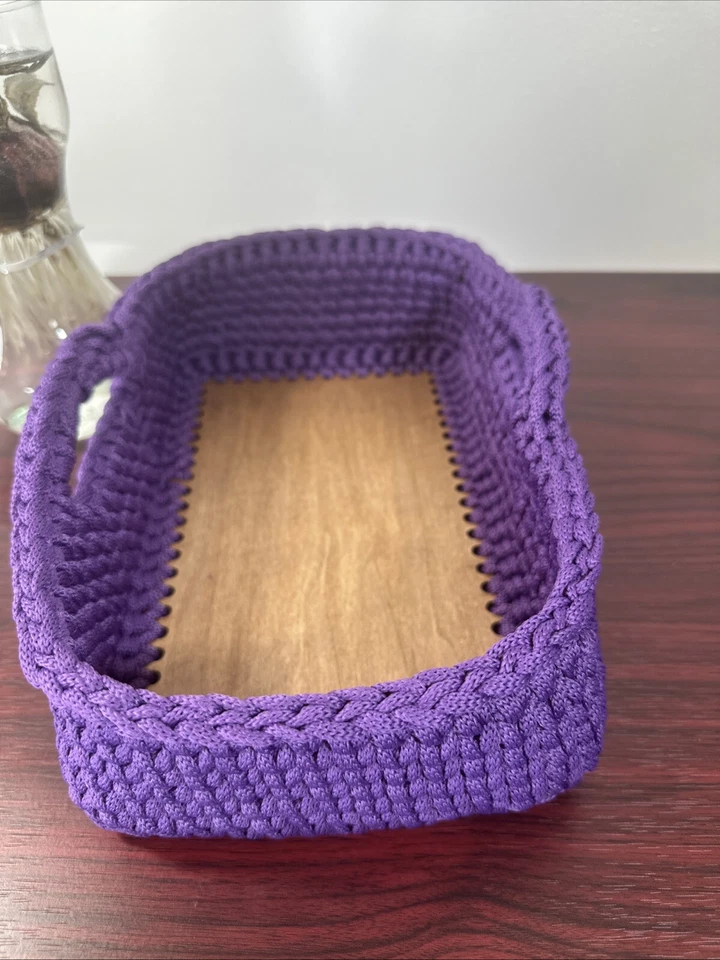 New Handmade Crochet Poly Purp Rope Yarn Rectngular Storage Basket Sz 3x7x10.5 - Image 2 of 4