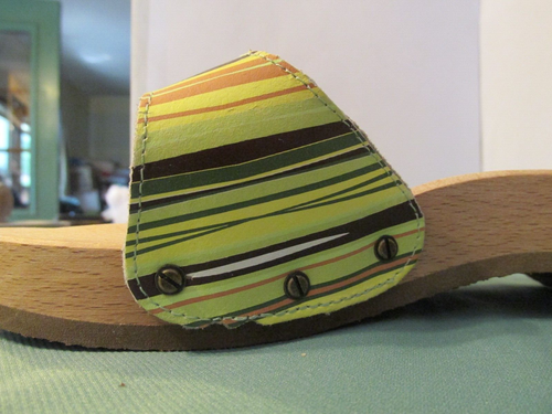 Dr Scholl’s Wooden Leather Sandals Rare Yellow Stripe flip flops shoes - Picture 11 of 15