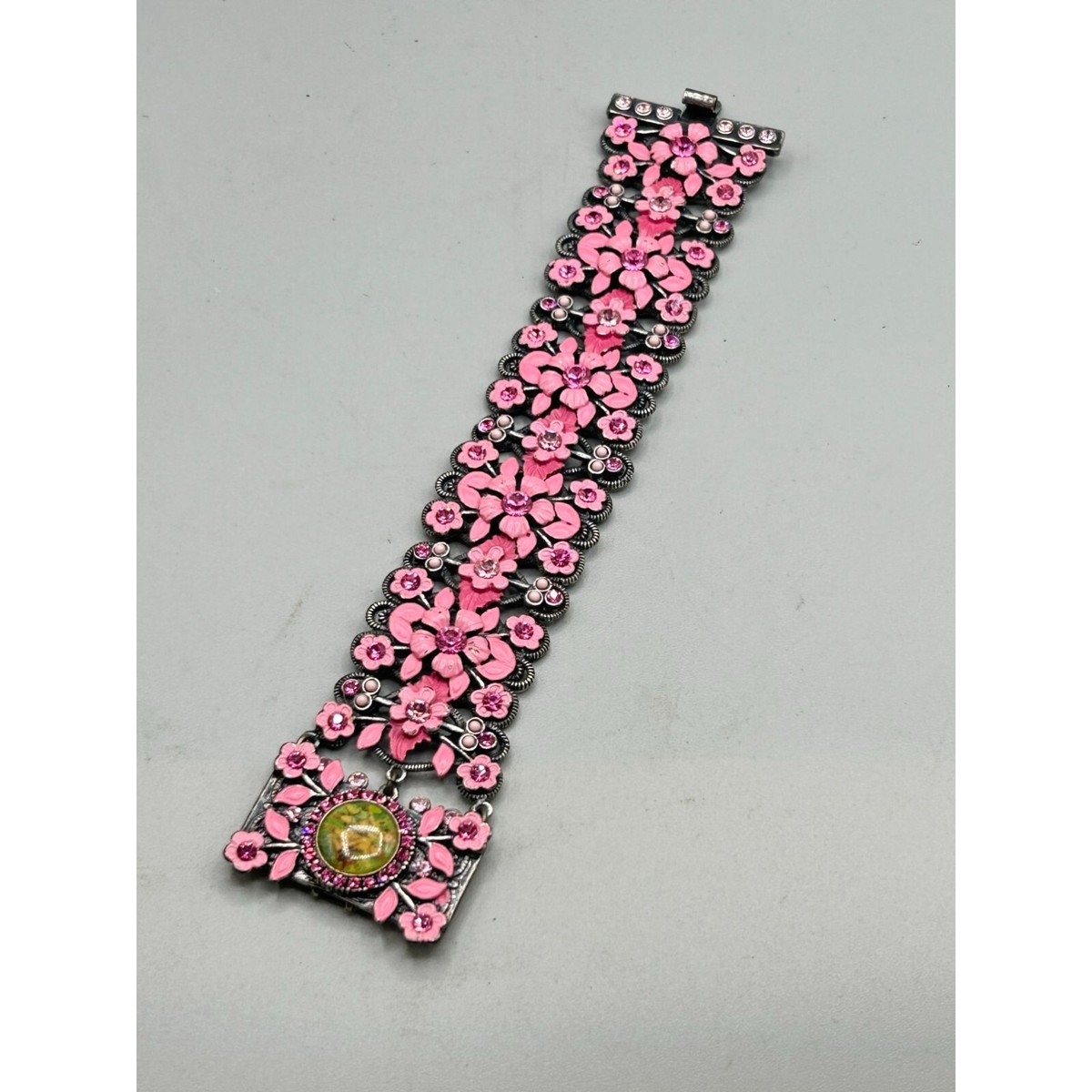 MX Signature Enamel Flowers Bracelet Pink Vintage Designer Signed