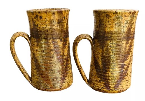 2 Studio Art Earthenware Mugs Brown Speckled Glaze & Wheat Design, Signed - Picture 3 of 9