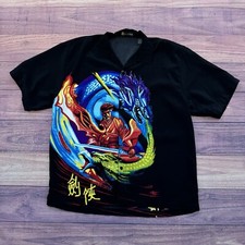 Wingo Men  s Y2K Short Sleeve Black Dragon Anime Button Down Jnco Style Shirt L
