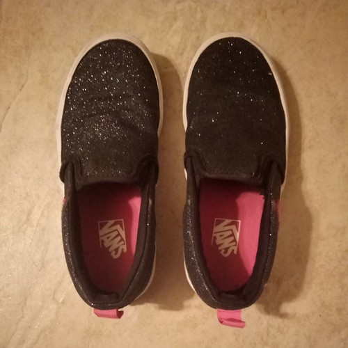 VANS Kid's Girl's "Missy" Black Canvas Shoes with Glitter Slip-On Loafers 13M - Picture 2 of 9