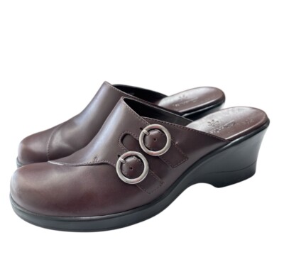 Clarks Womens May Poppy Clog Sz 6 Wedge Heel Mule Slip On Comfort Shoe Burgundy