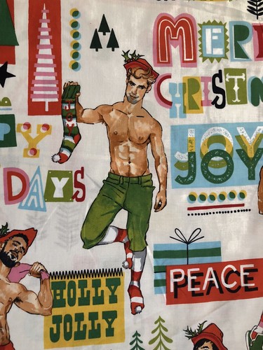 Alexander Henry Santa's Helpers Christmas Fabric 1 Yard Pin Up Natural Sexy Men