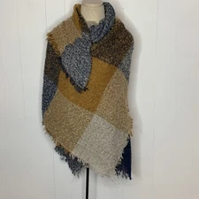 Jessica McClintock Blanket Wrap Scarf Shaw Cape Rust Brown Navy Blue Fringe