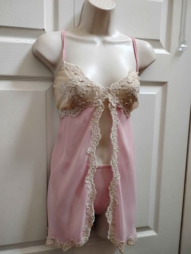 Linea Donatella Vintage Baby Doll Nightgown Pink Beige Thong Panties Medium New - Picture 24 of 24