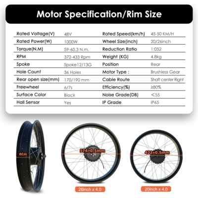 48V 1000W 20 26*4.0 Fat Bike Snow EBike Rear Hub Motor Wheel 170