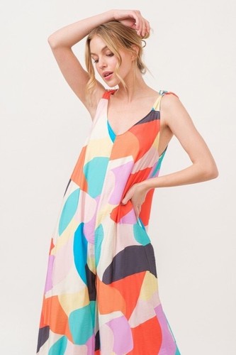 And The Why Tied Shoulder Straps Wide-Leg Geo Print Jumpsuit Artsy Stylish - Picture 4 of 9