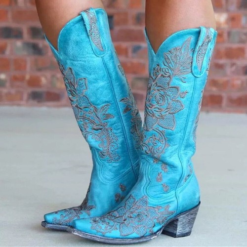 Stivali equitazione donna cowboy tacco a blocco scarpe western ricamo floreale al ginocchio - Foto 14 di 15