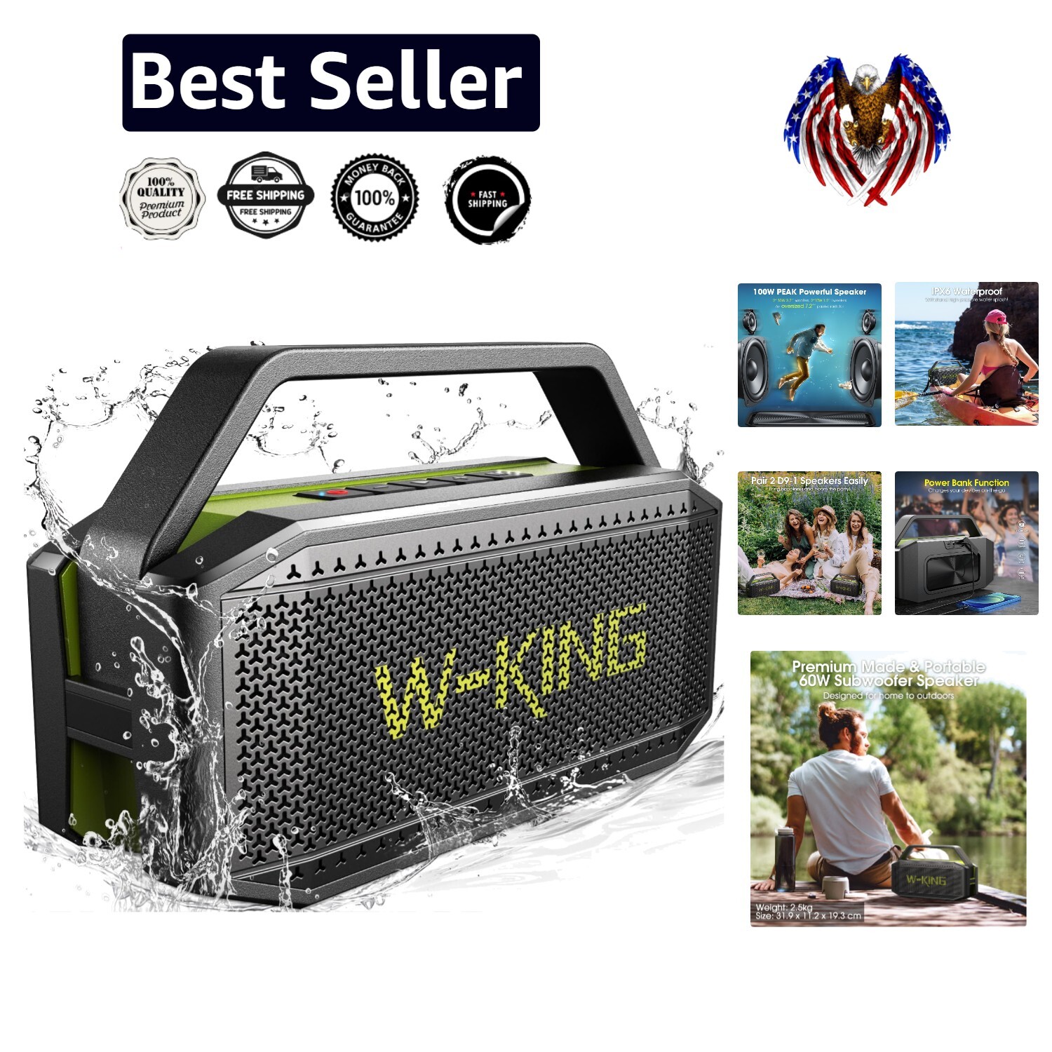 100W Peak Portable Bluetooth Speaker - Waterproof Subwoofer with 60W RMS Sound