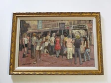 OIL PAINTING  AMERICAN REGIONALISM URBAN CITY BUS STOP RIDE 1970'S IMPRESSIONIST