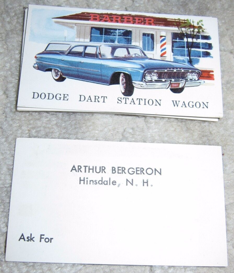 Vtg Arthur Bergeron car dealership business cards, blue 62 Dodge Dart