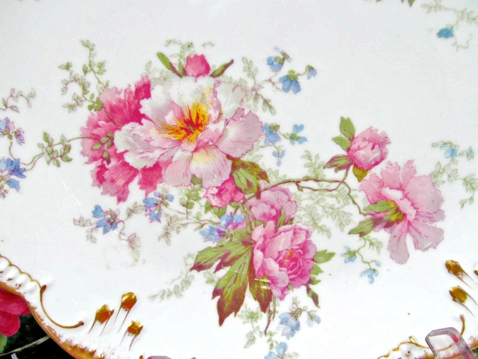 AK LIMOGES FRANCIA Cargador Grande Rosa Rosas y Flores Años 20 Plato Dorado Dorado Dorado Foto 3 de 4