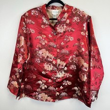 Yi Lin Red Satin Embroidered Floral Asian Inspired Kimono Jacket Size 1X Vintage
