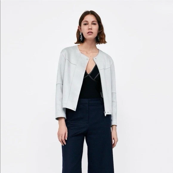 Zara Light Gray Collarless Suede Jacket Women’s Size S