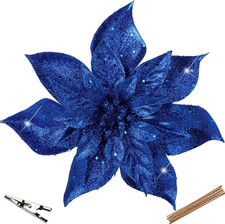 Blue Glitter Poinsettia Flowers 8PCS for Christmas Tree and Wreath Decoration