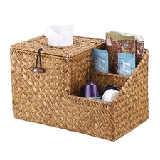 Square Woven Tissue Cover - Decorative Cube Tissue Holder with Side Organizer...