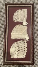 Antique 3 Baby Caps Hand Crocheted And Tatted 1912 Elegantly Frame 23x11"