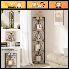 5-Tier Corner Shelf Stand - 64" Tall Rustic Brown Bookshelf for Space-Saving Sto